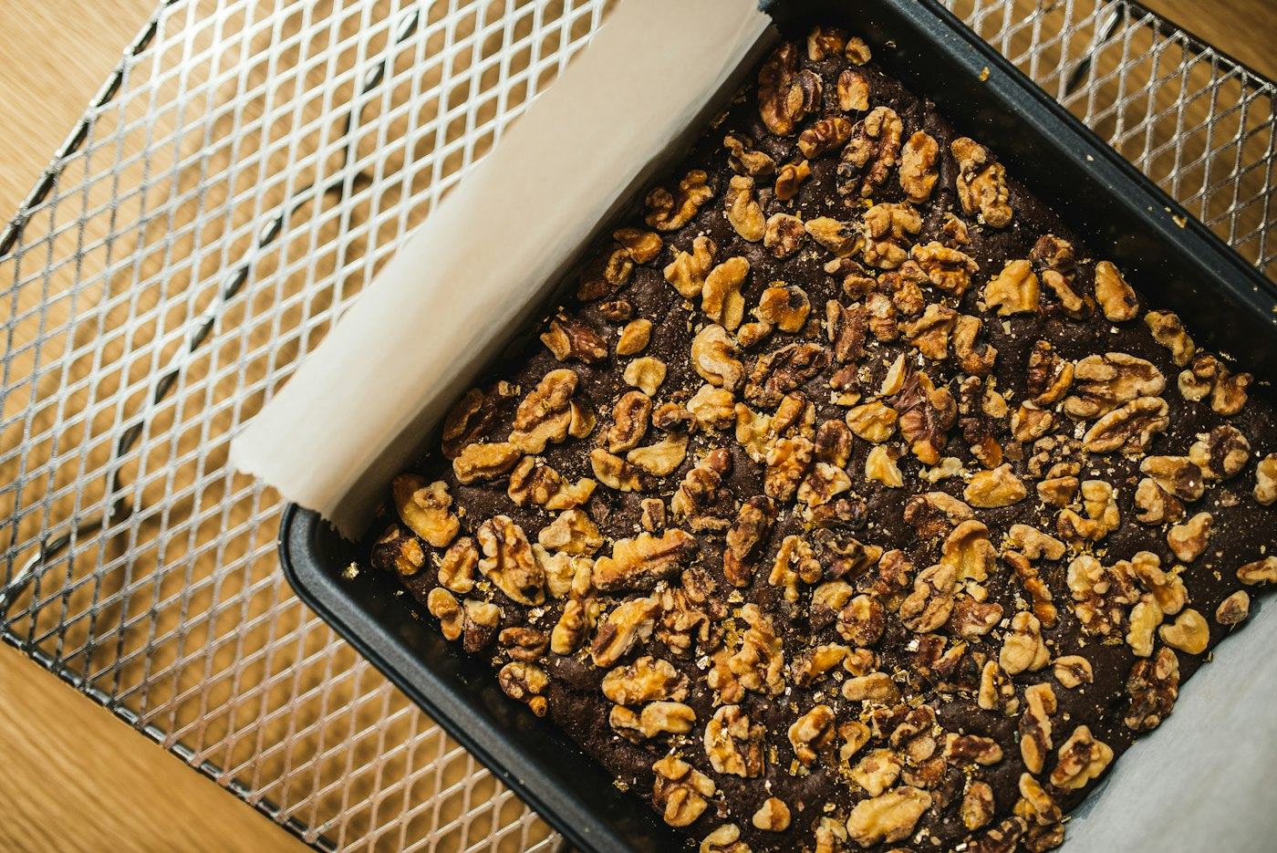 A tray of freshly baked walnut brownies